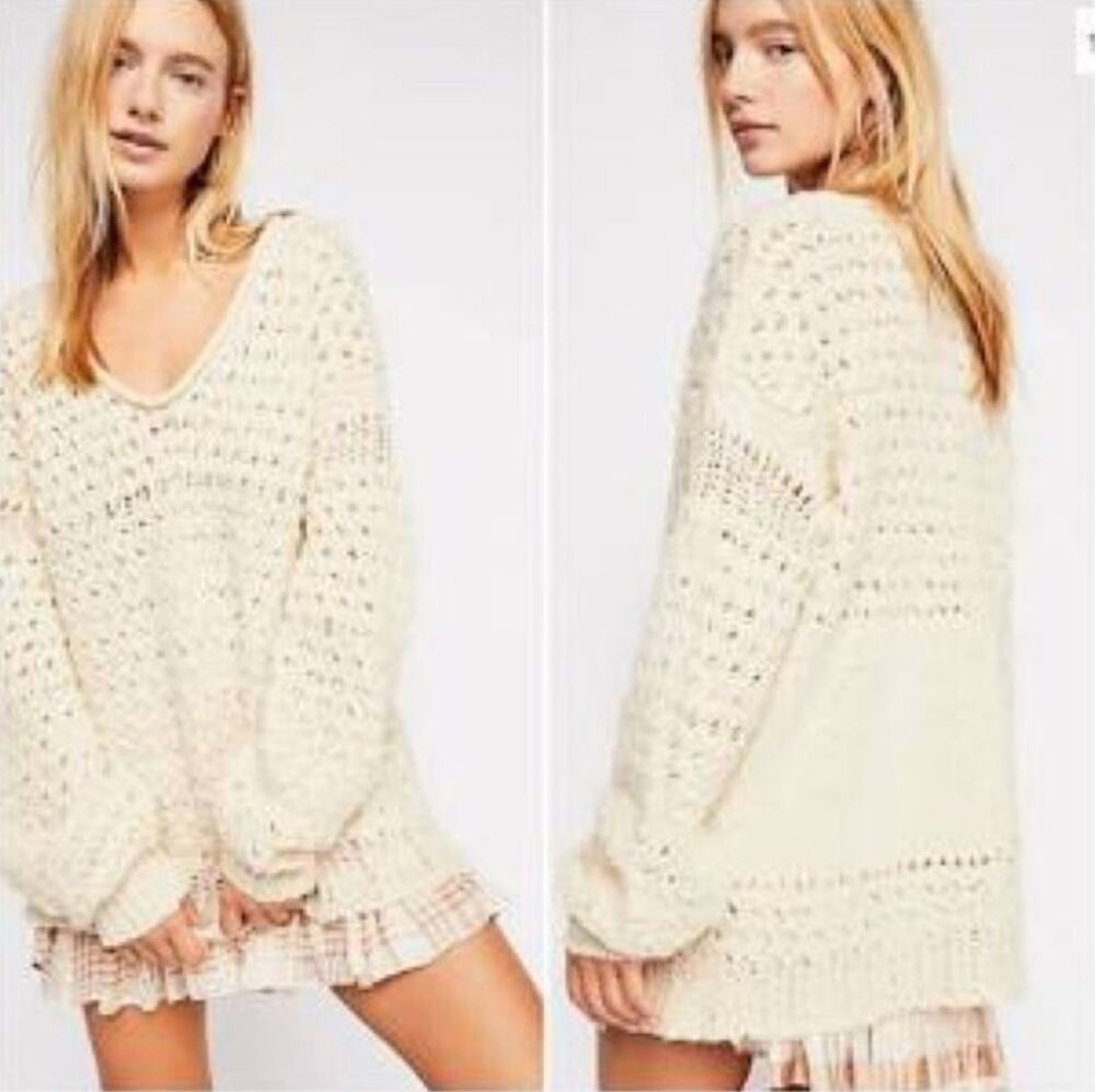 FREE PEOPLE | Crashing Waves Cream Wool Blend Chunky Knit Sweater | Small